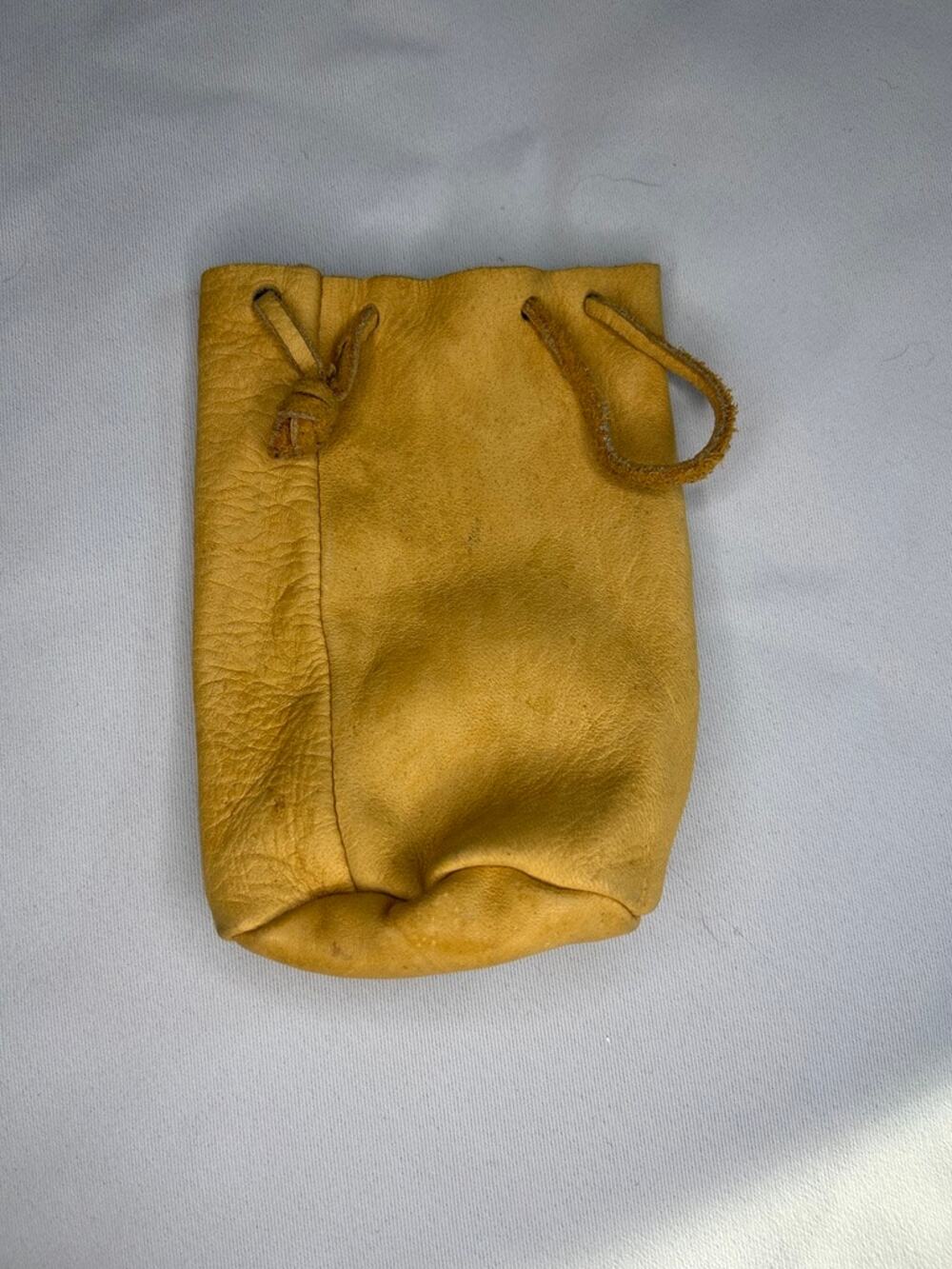 eBay title: Vintage Leather Drawstring Pouch Small Mustard Yellow Buckskin Bag